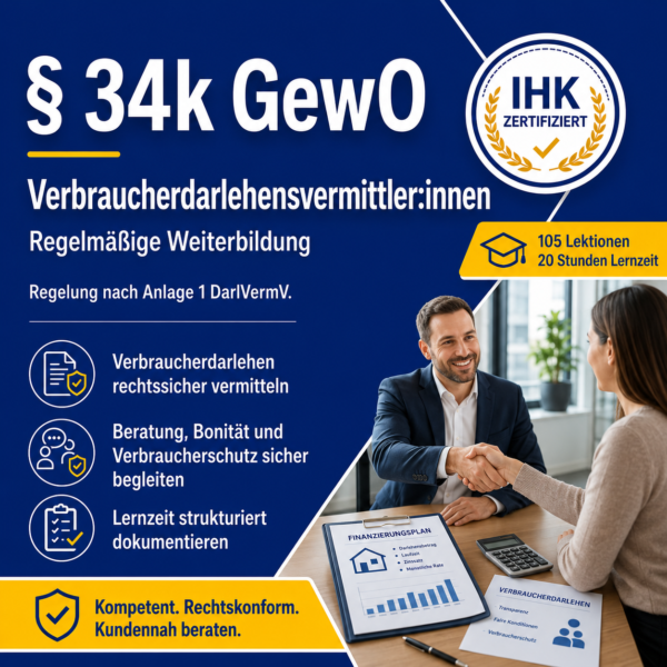 Regelmäßige Weiterbildung für § 34k GewO Verbraucher­darlehens­vermittler:innen