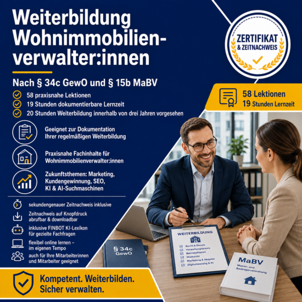 Regelmäßige Weiterbildung für § 34c GewO Wohn­immobilien­verwalter:innen